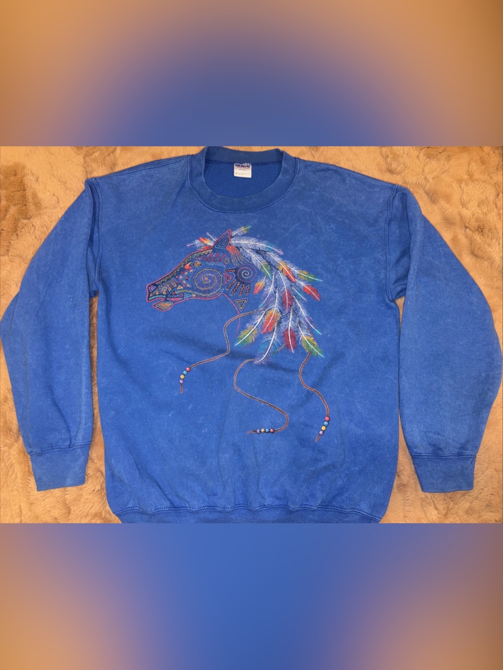 Vintage 90s Horse Feathers Western Native Art Sweatshirt Textured Blue Medium